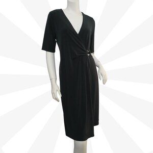 Tahari Black Sheath V Neck Wrap Front Midi Dress Size M Cocktail Business casual
